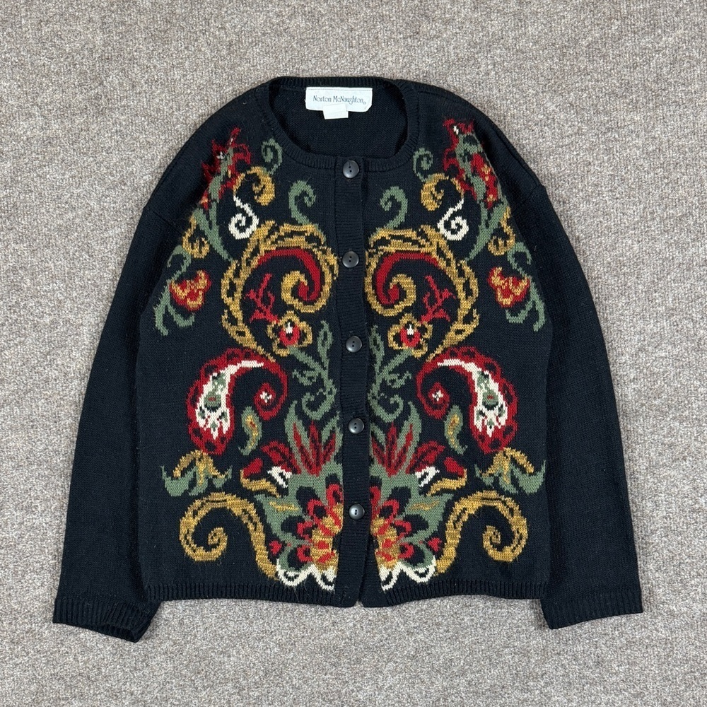 Vintage 90s Black Cardigan Sweater Women’s S Colorful Paisley Pattern Grannycore